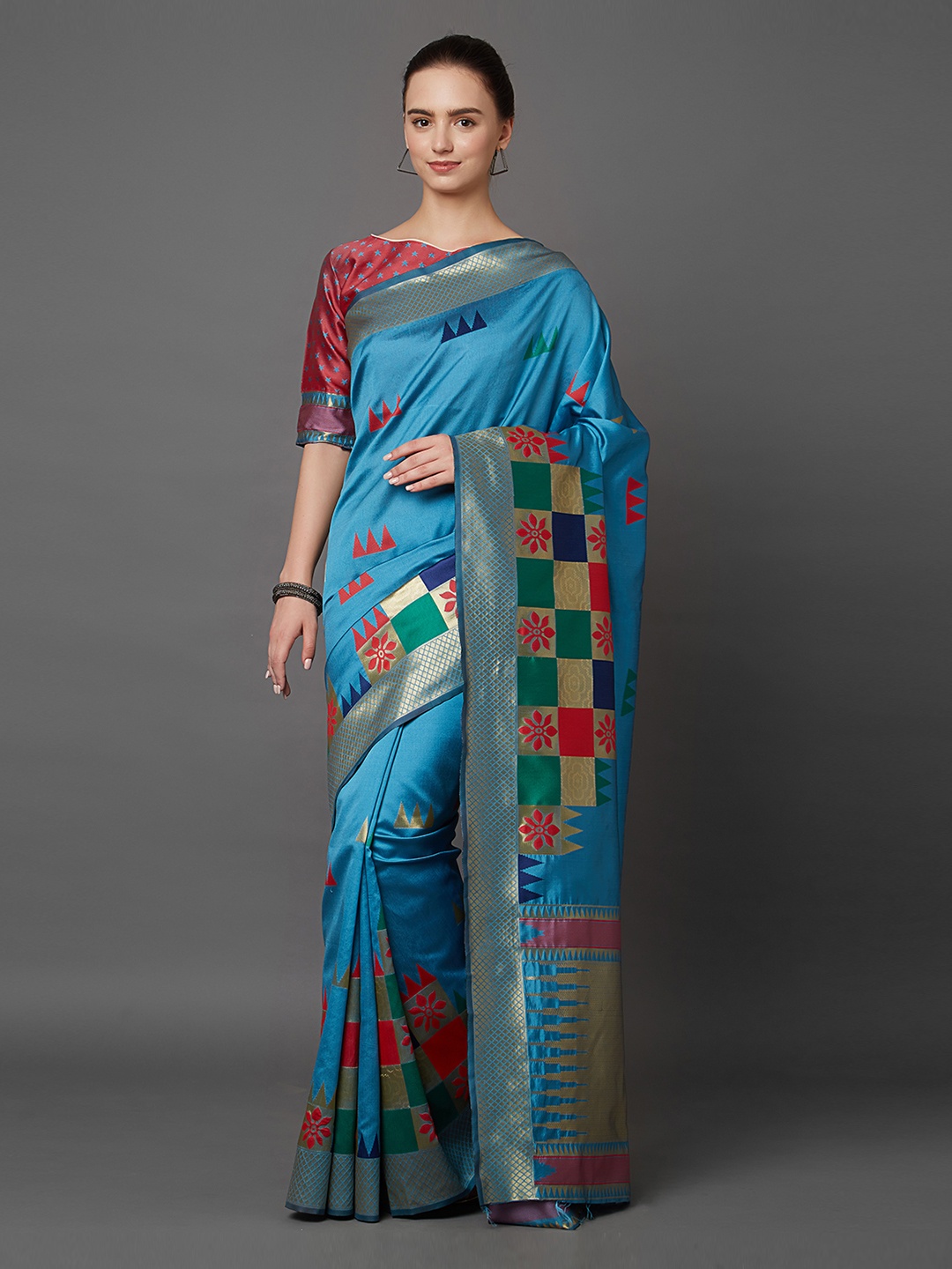 

Mitera Blue & Gold-Coloured Silk Blend Woven Design Banarasi Saree