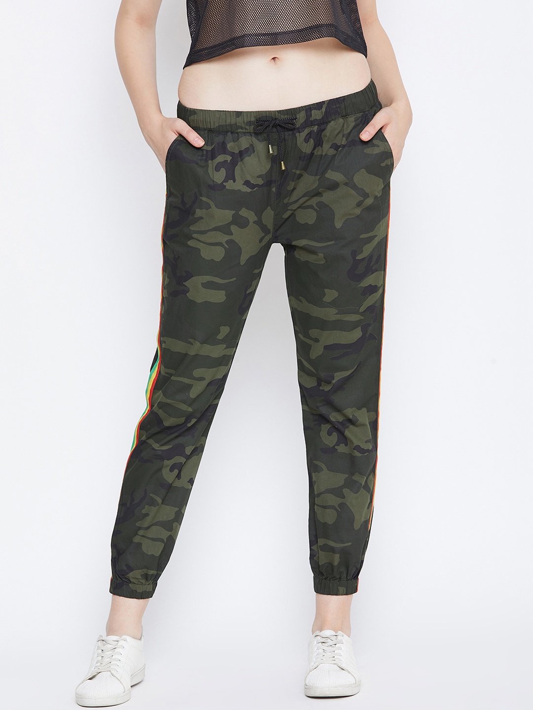 

PUNK Women Olive Green & Black Regular Fit Camouflage Printed Joggers