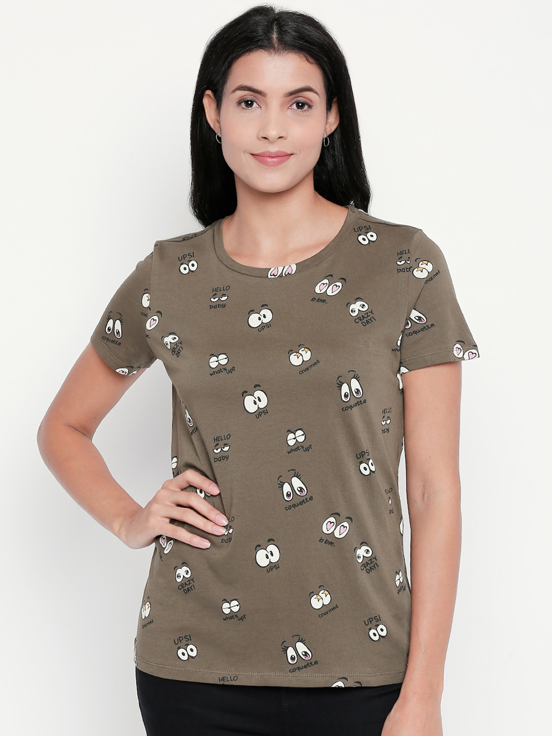 

Honey by Pantaloons Women Olive Green Printed Round Neck T-shirt