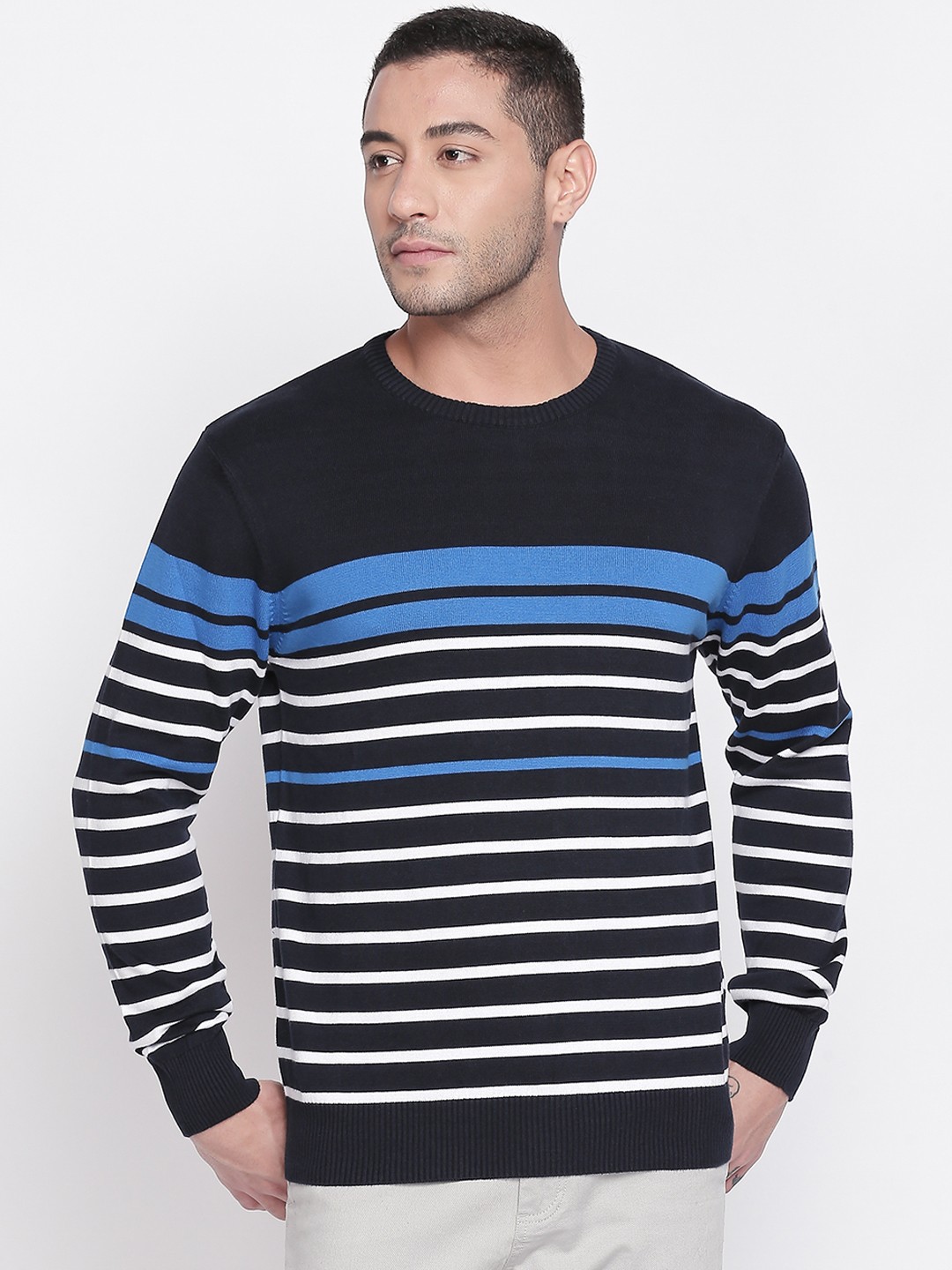 

BYFORD by Pantaloons Men Navy Blue Striped & Off-White Pullover Sweater