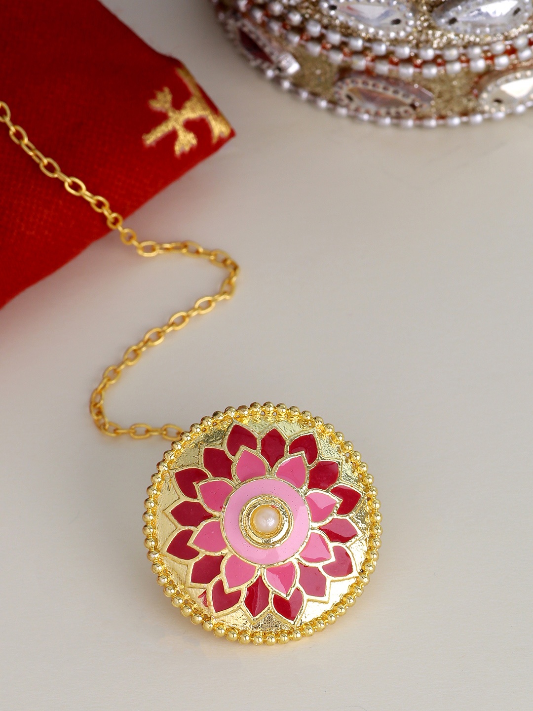 

Voylla Pink & Magenta Gold-Plated & Magenta Enamelled Handcrafted Maangtika
