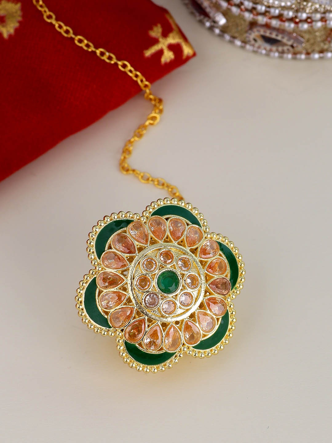 

Voylla Green Gold-Plated Artifical Stone Studded Handcrafted Maangtika