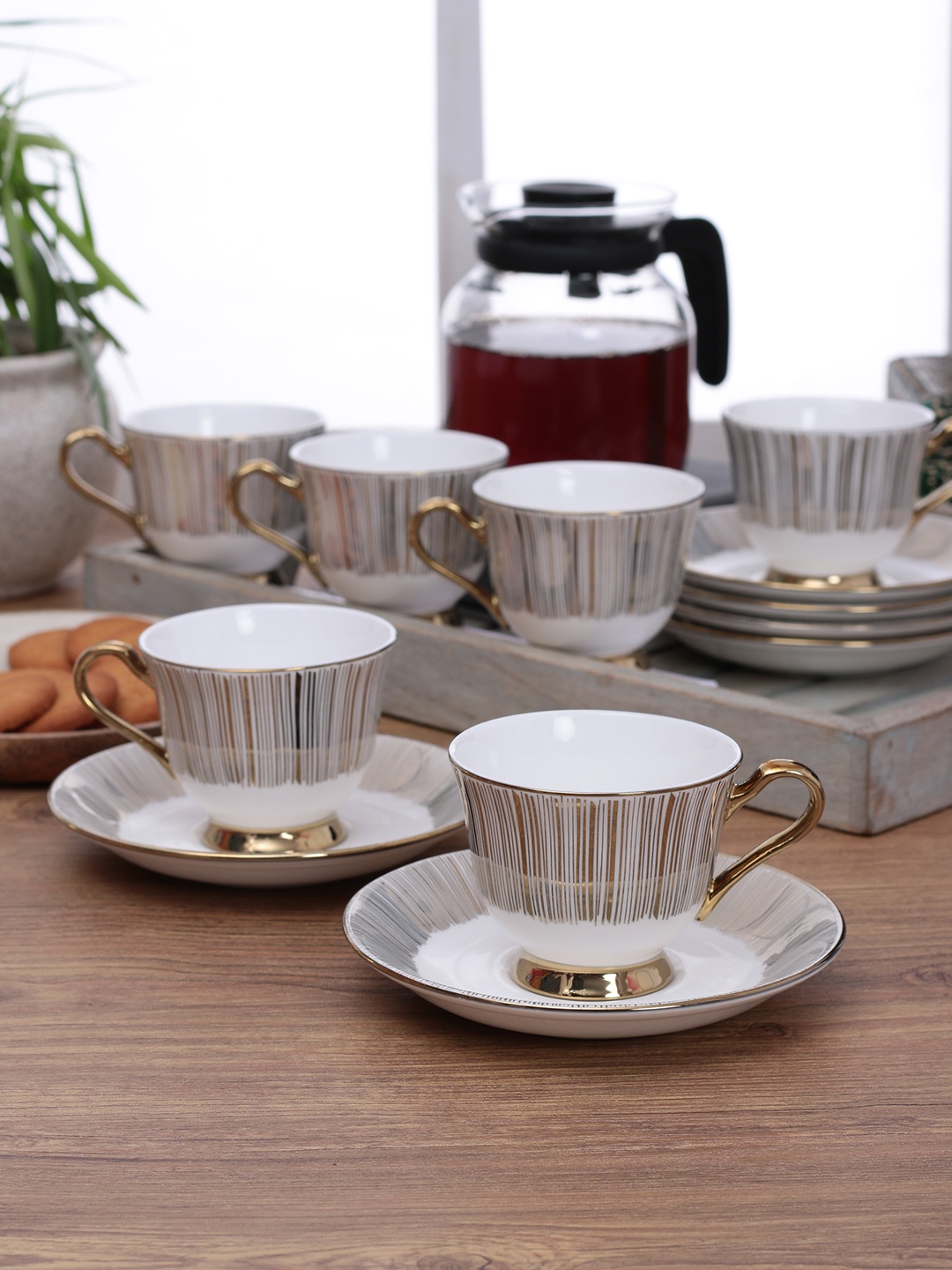 

CLAY CRAFT Gold-Toned & White Set of 6 Printed Bone China Cups and Saucers