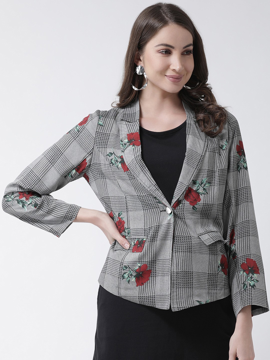 

KASSUALLY Women Grey & Red Checked Single-Breasted Blazer