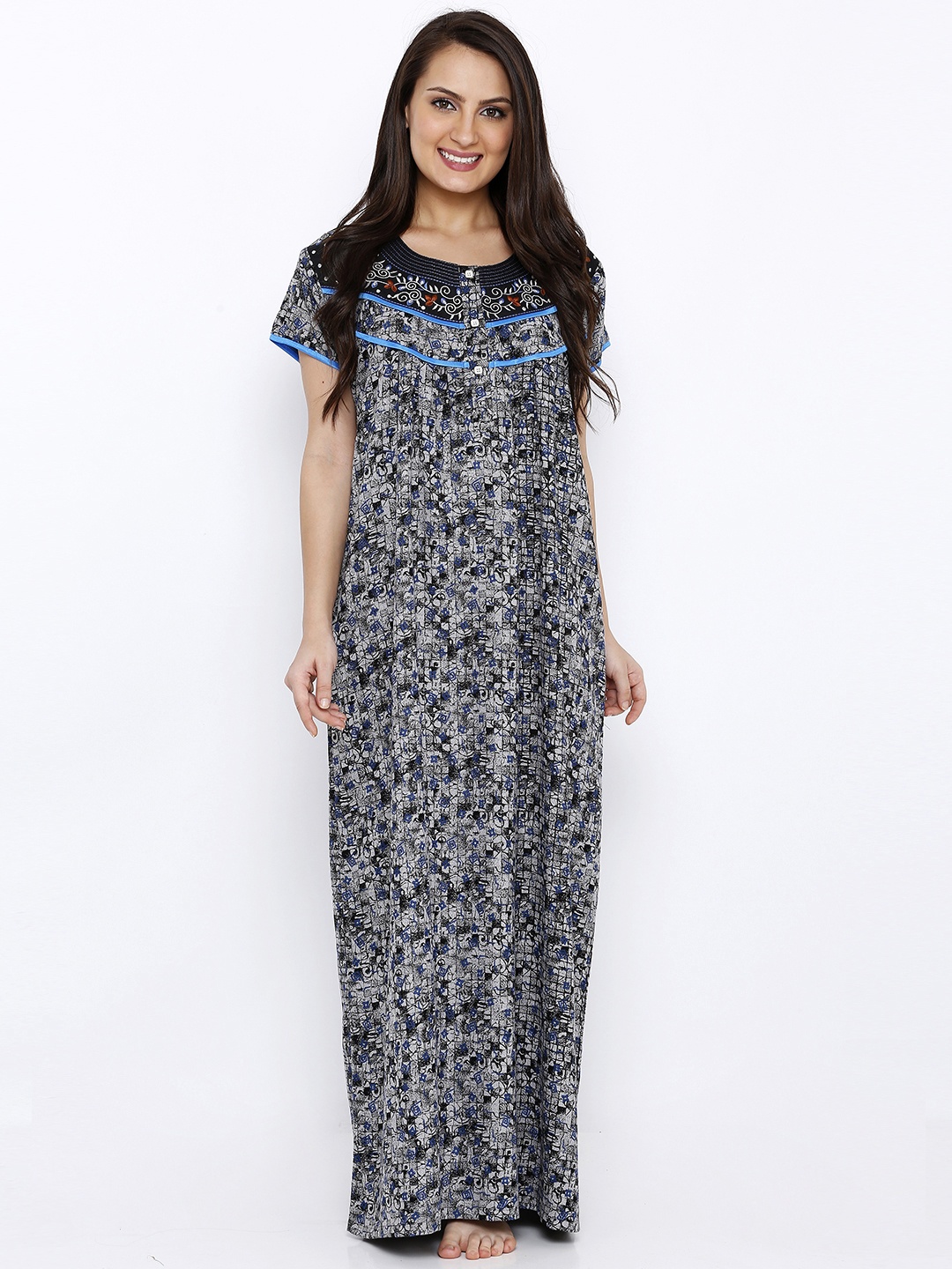 

Pretty Awesome Grey & Navy Blue Printed Nightdress