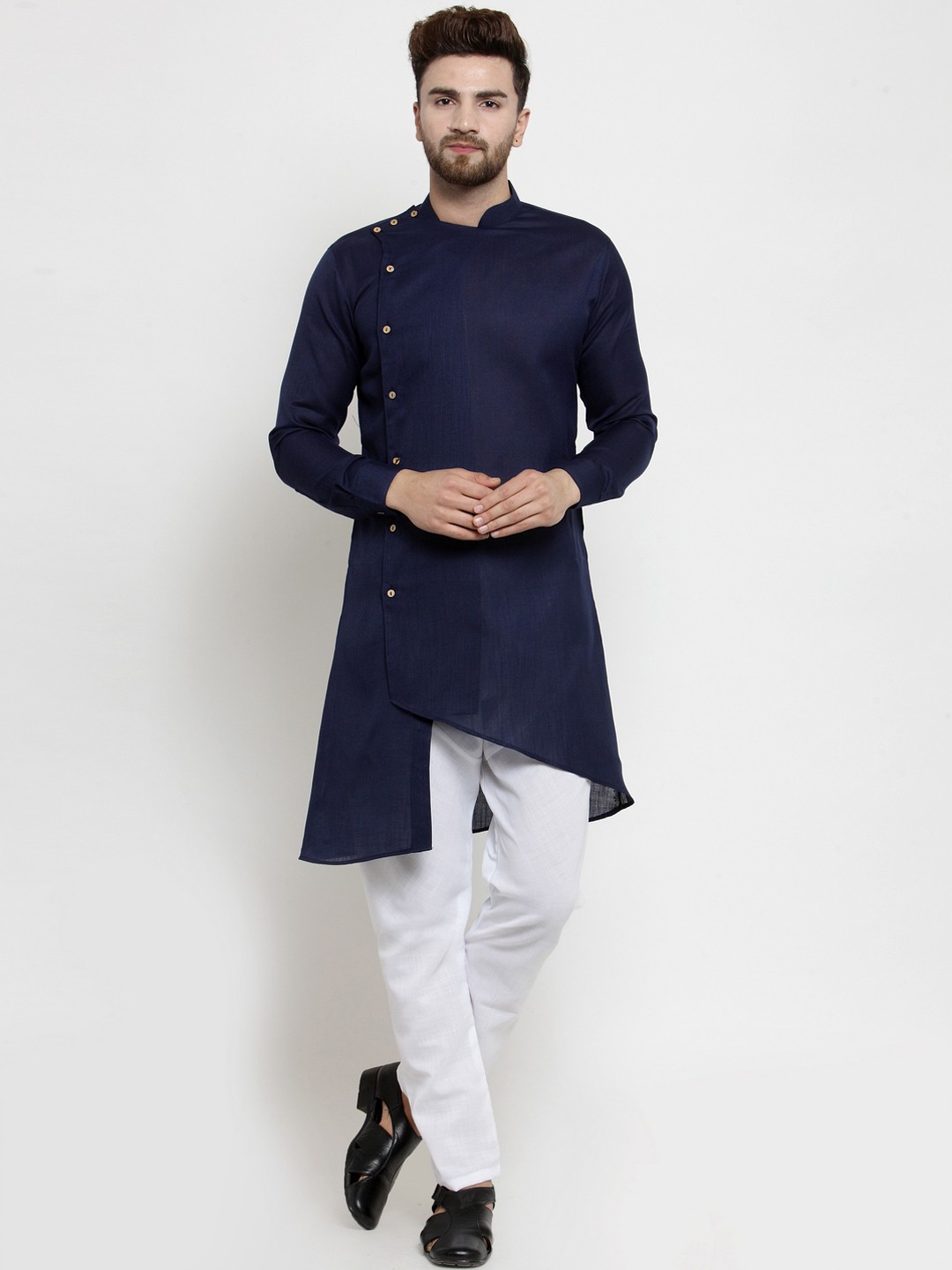 

TREEMODA Men Navy Blue & White Solid Linen Kurta with Pyjamas