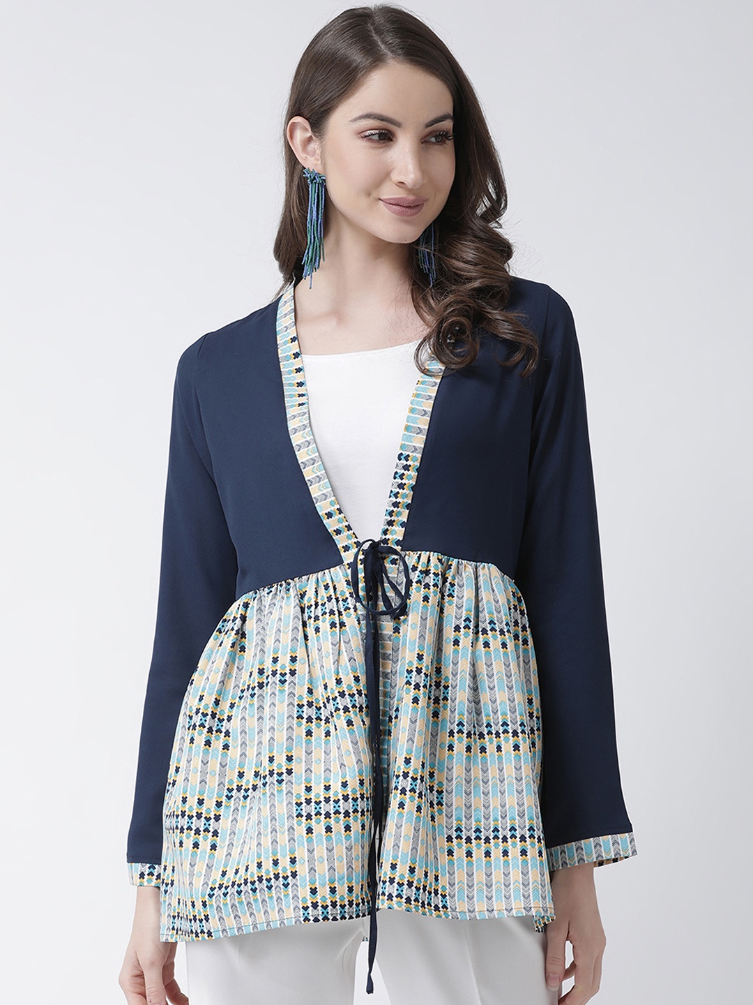 

KASSUALLY Women Navy Blue & Yellow Printed Tie-Up Shrug