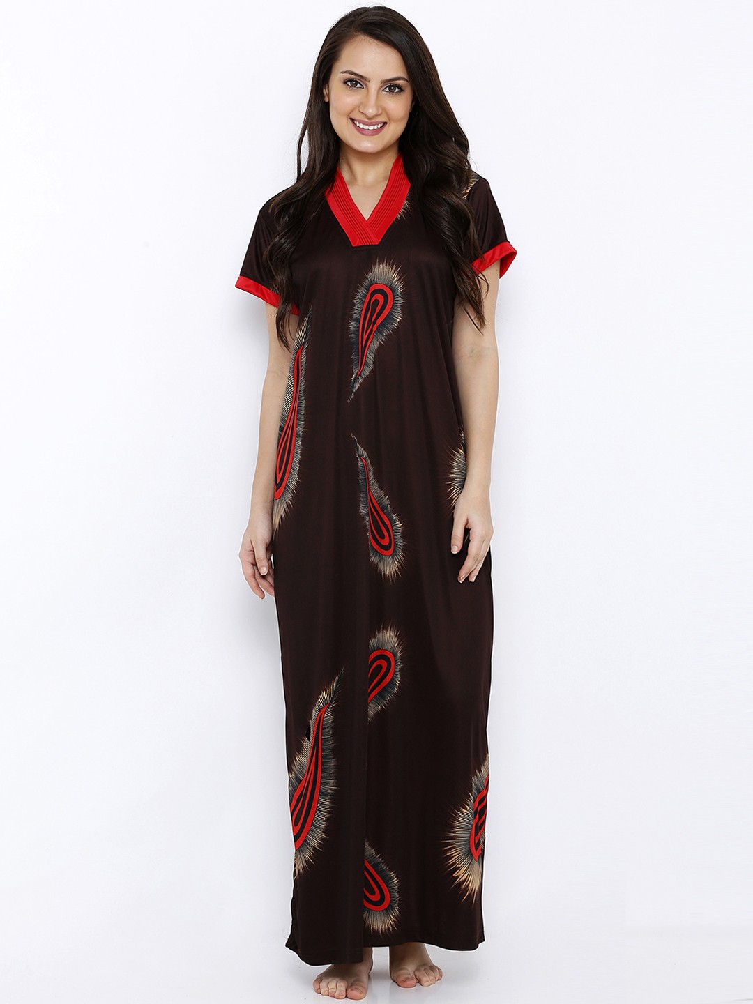 

Pretty Awesome Coffee Brown & Red Printed Nightdress