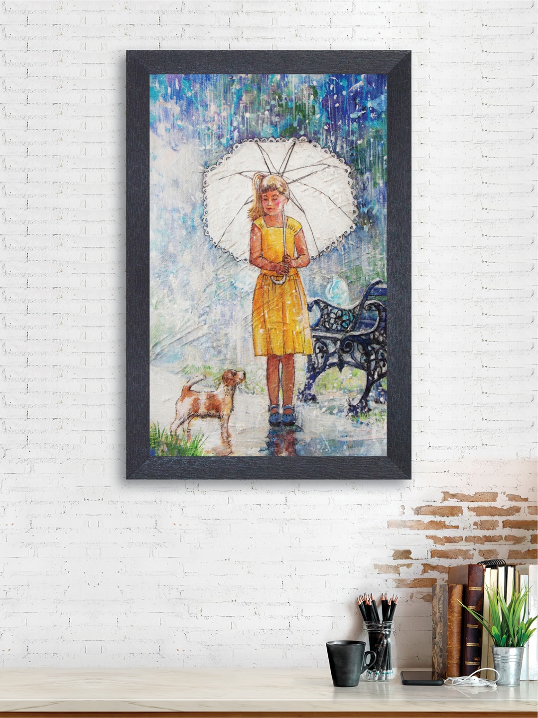 

nest ART Multicoloured Girl With Pet In the Rain Framed Wall Art, Blue