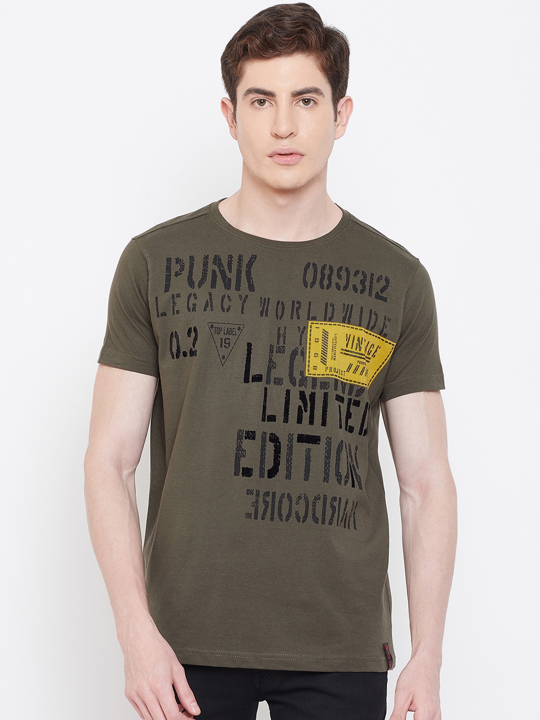 

PUNK Men Olive Green Printed Round Neck T-shirt