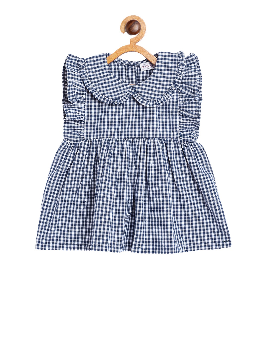 KIDKLO Girls Navy Blue & White Checked Peplum Pure Cotton Top