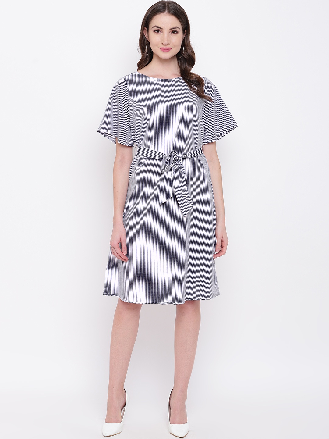 

Mayra Women Navy Blue Striped Fit and Flare Dress
