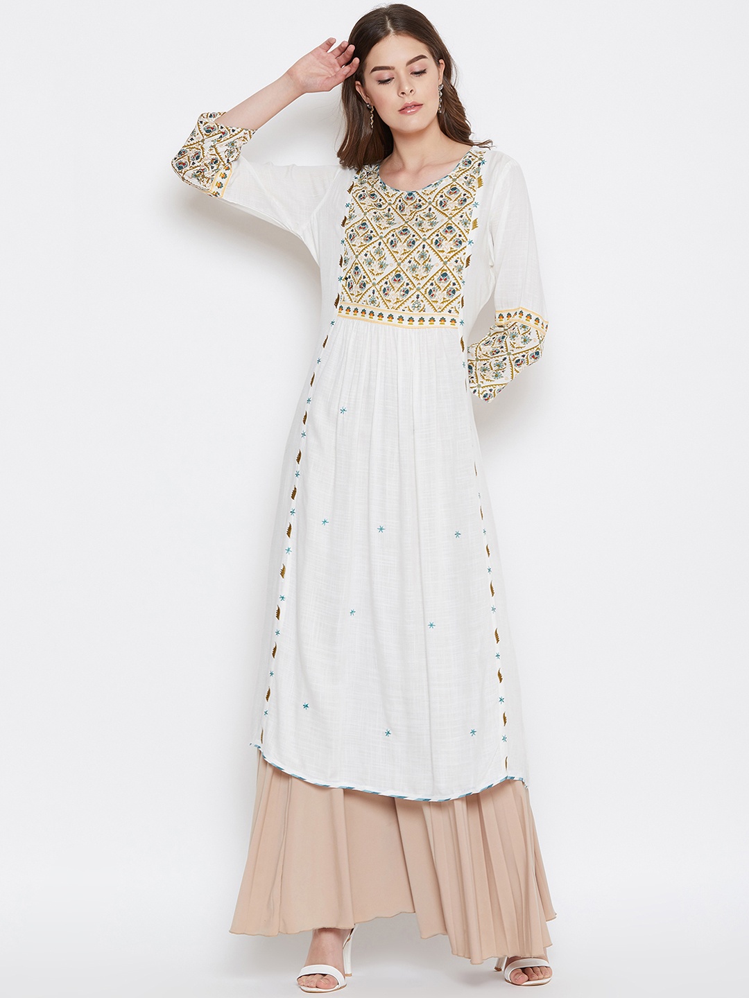 

Prakhya Women White Printed A-Line Kurta