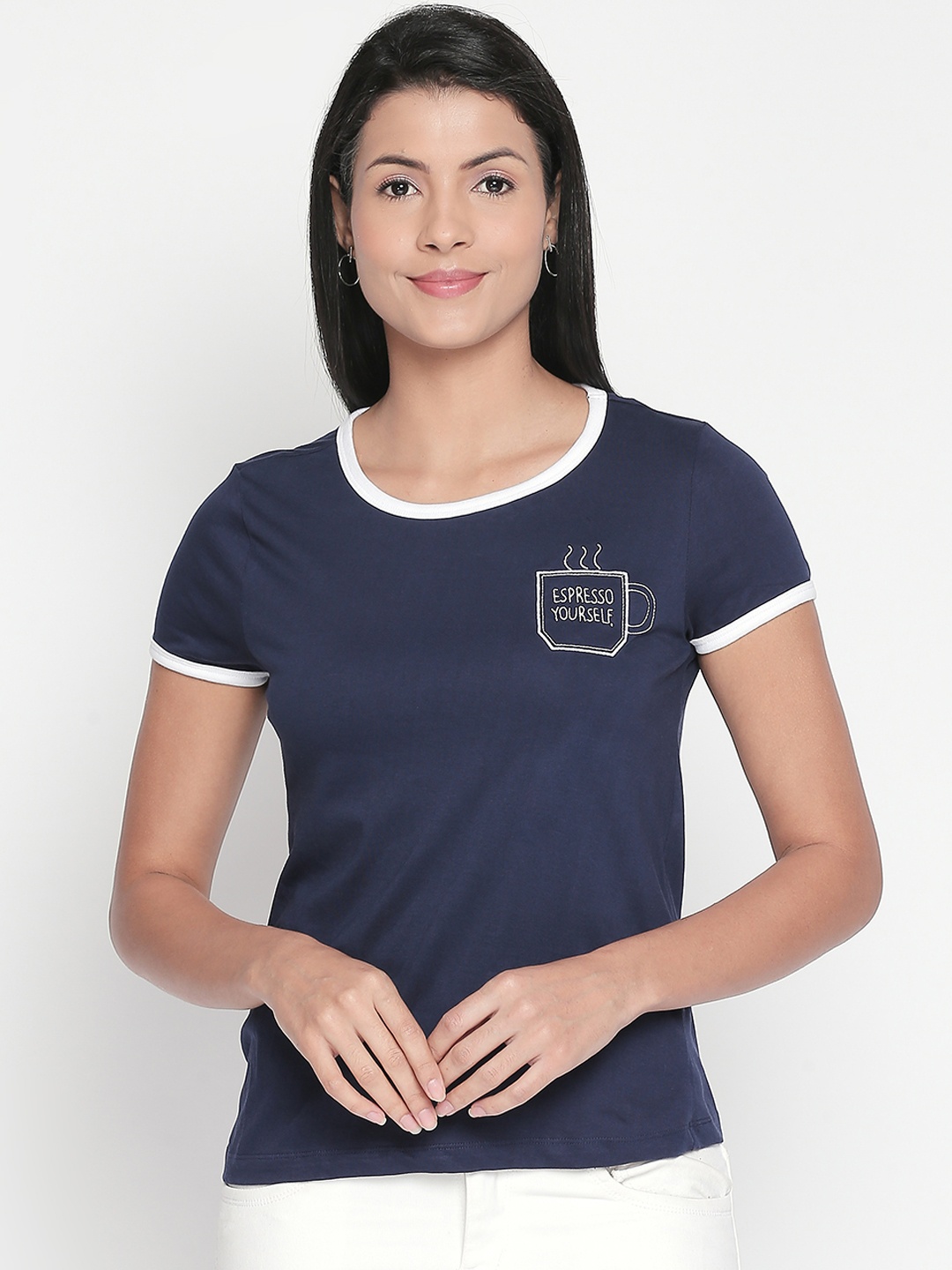 

Honey by Pantaloons Women Navy Blue Solid Round Neck Pure Cotton T-shirt