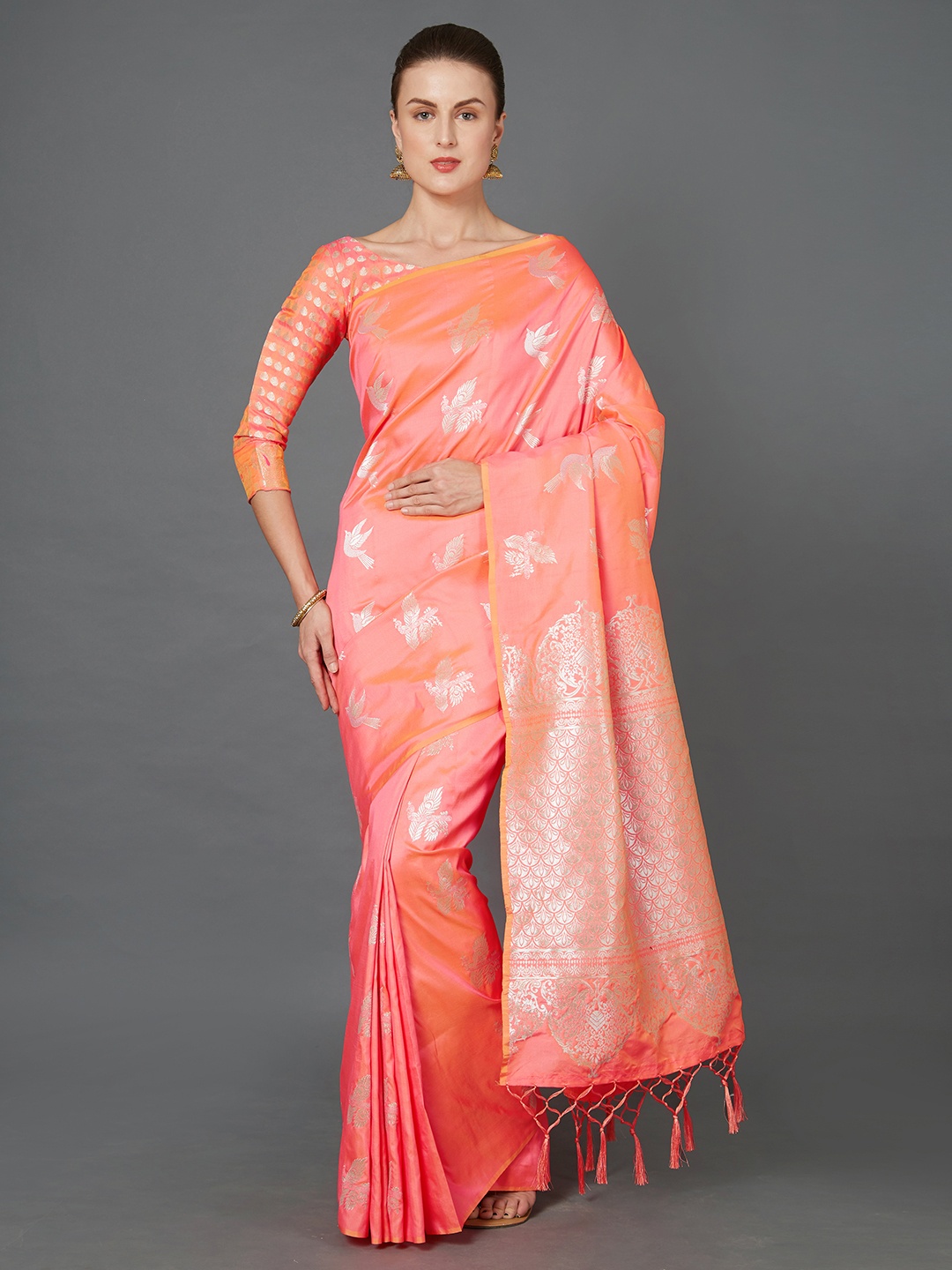 

Mitera Peach-Coloured & Gold-Coloured Silk Blend Woven Design Banarasi Saree