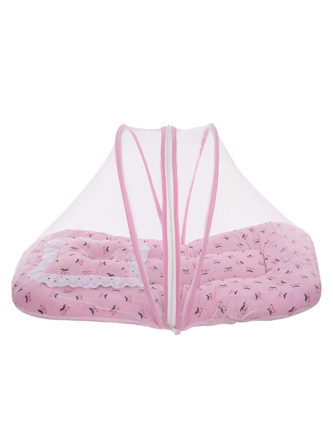 

Superminis Kids Pink & White Printed Cotton Bedding Set with Mosquito Net