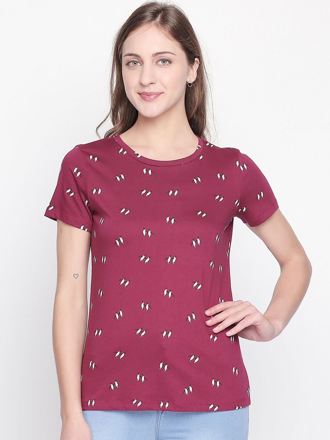 

Honey by Pantaloons Women Burgundy Printed Round Neck T-shirt