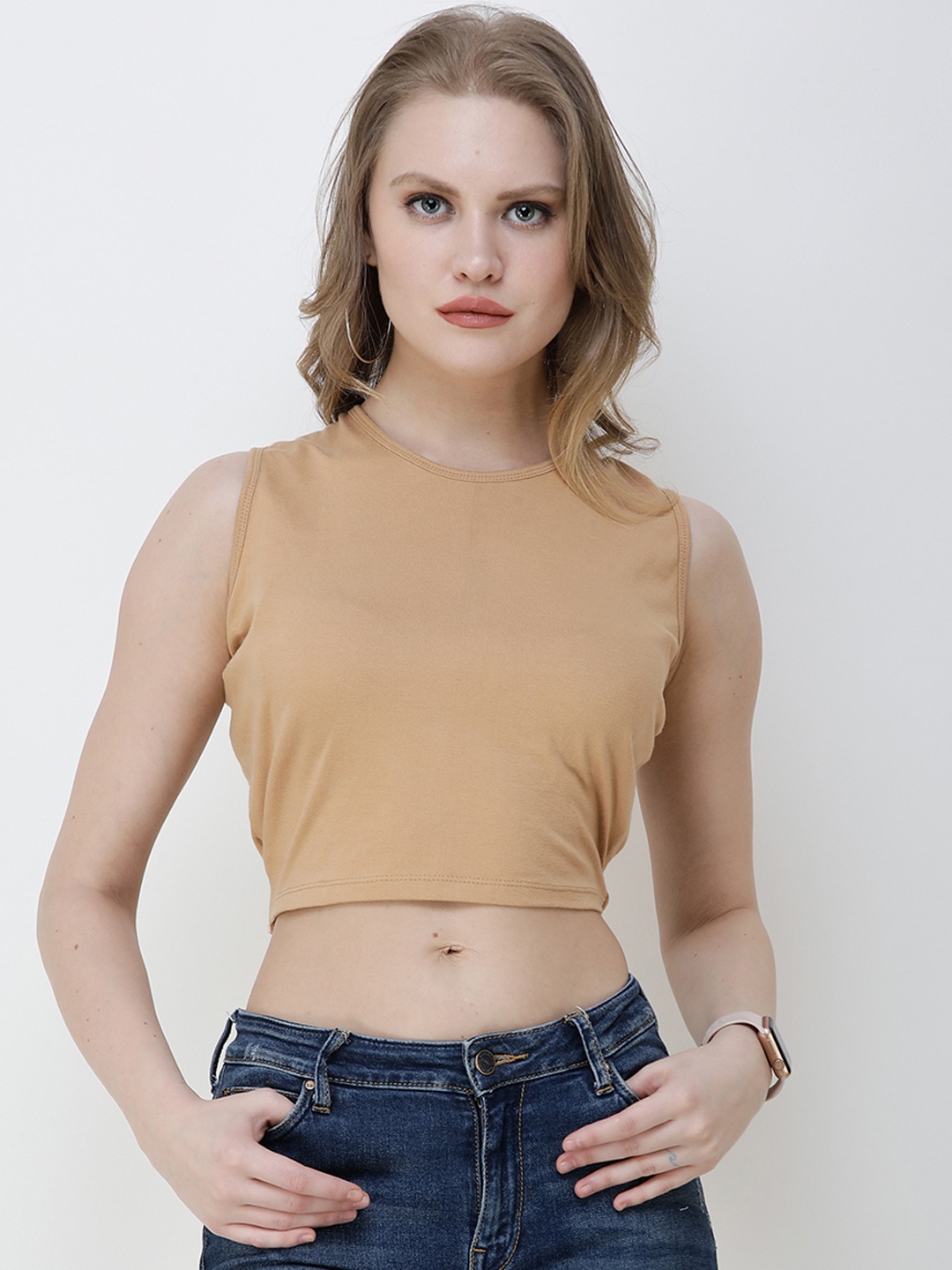 

Cation Women Beige Solid Crop Pure Cotton Top