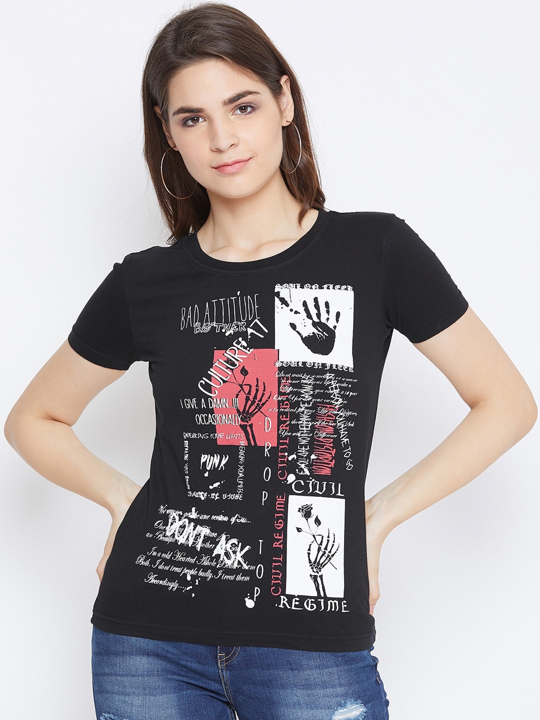 

PUNK Women Black Printed Round Neck T-shirt