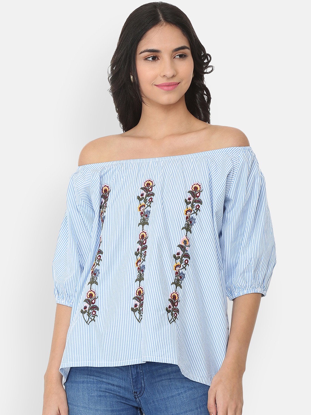 

People Women Blue & White Striped Bardot Pure Cotton Top
