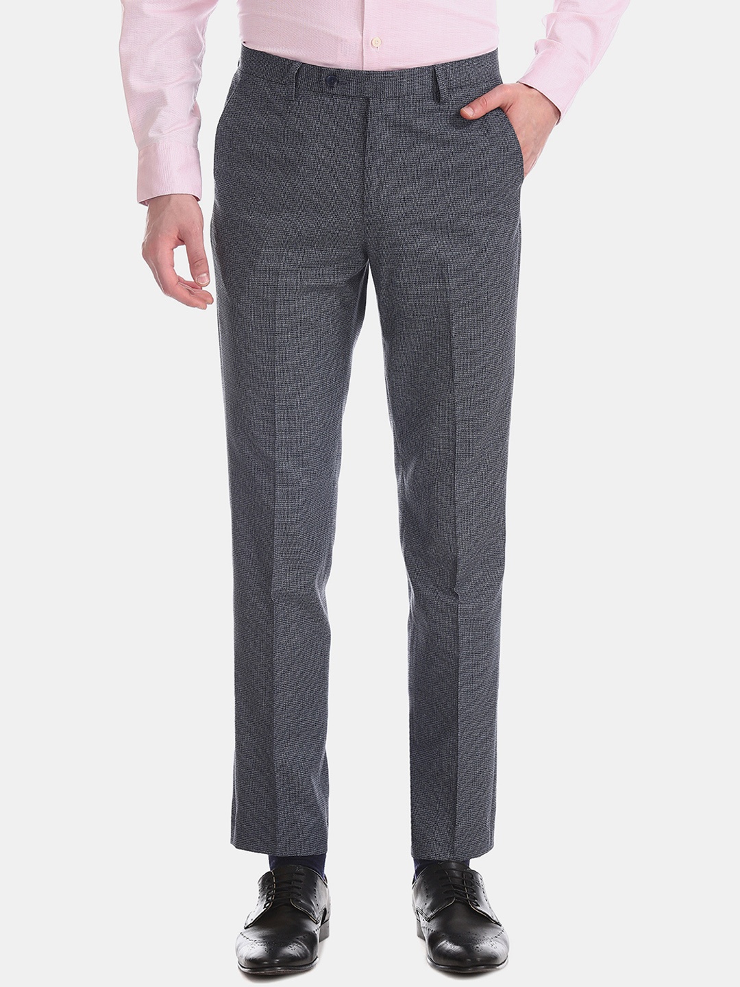 

Arrow New York Men Blue Tapered Fit Self Design Formal Trousers