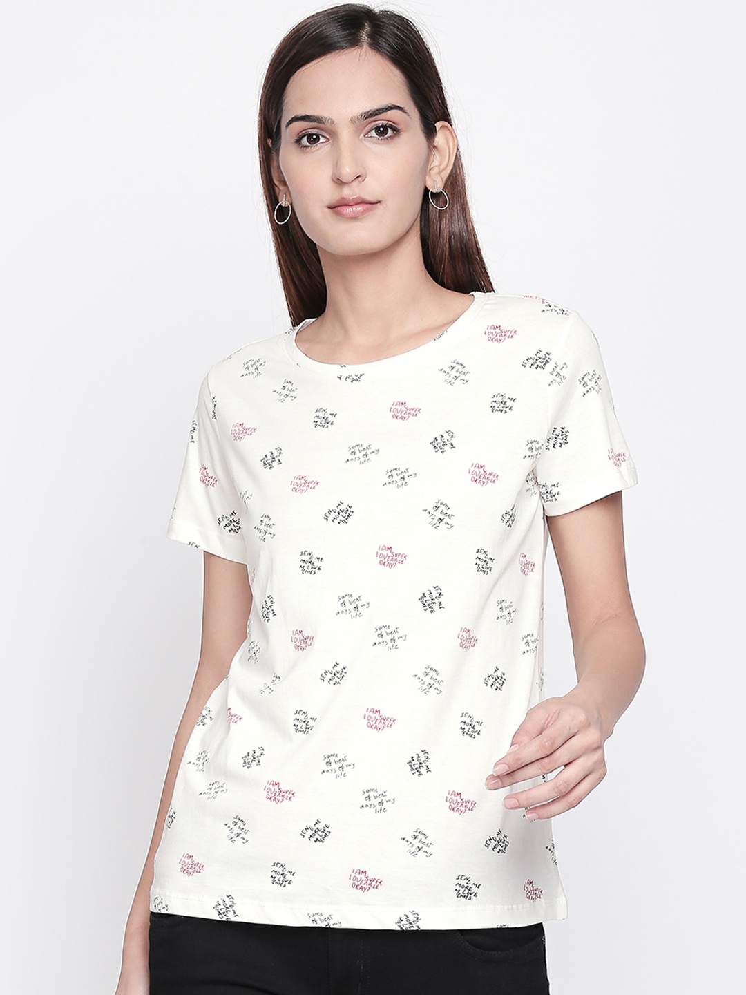 

Honey by Pantaloons Women Beige Printed Round Neck Pure Cotton T-shirt