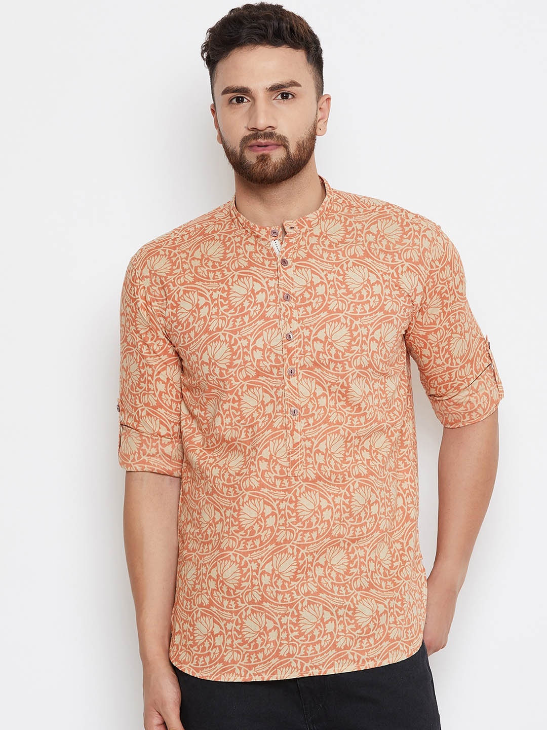 

even Men Orange Printed Straight Kurta