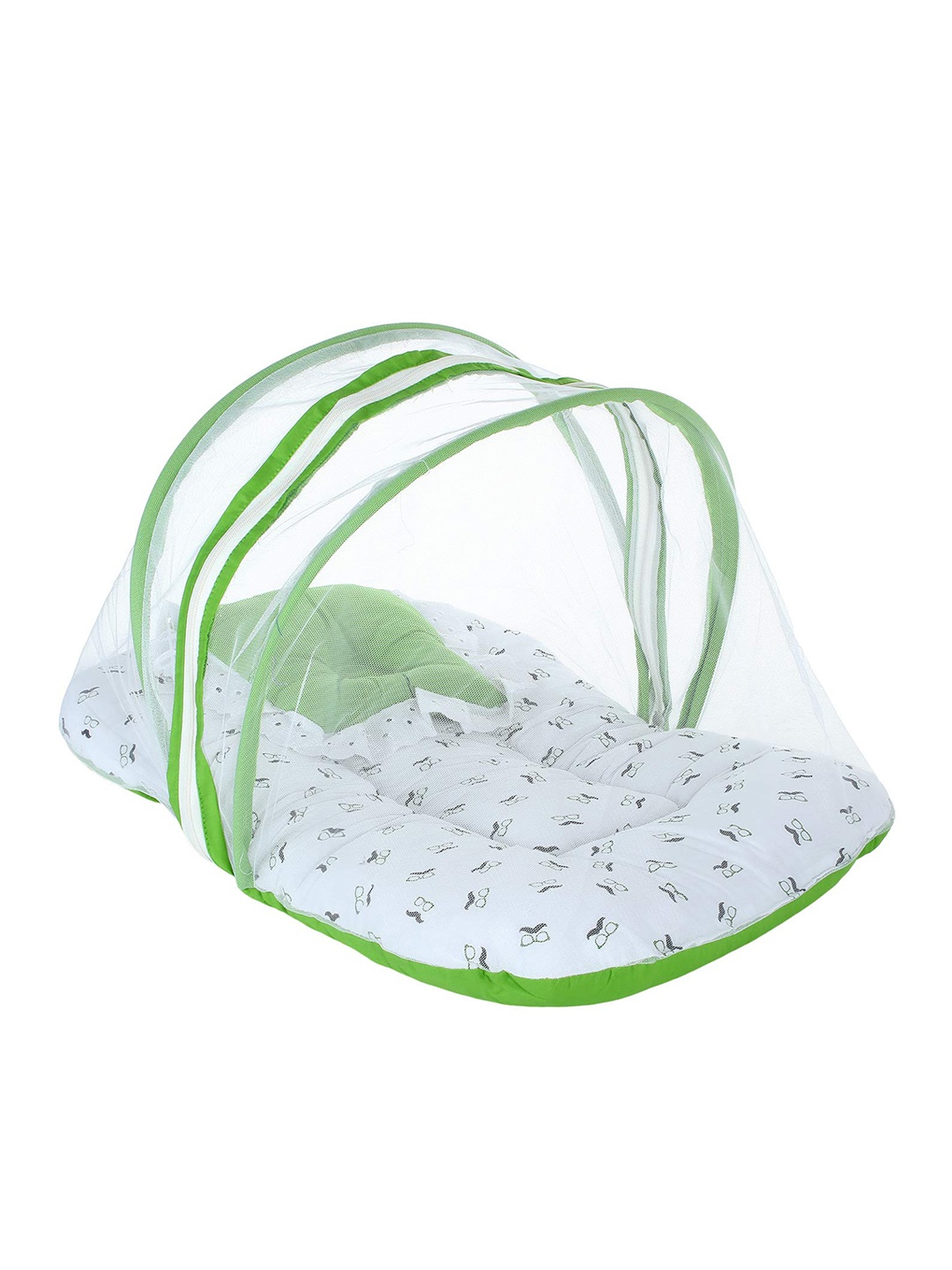 

Superminis Kids Green & White Printed Cotton Bedding Set with Mosquito Net