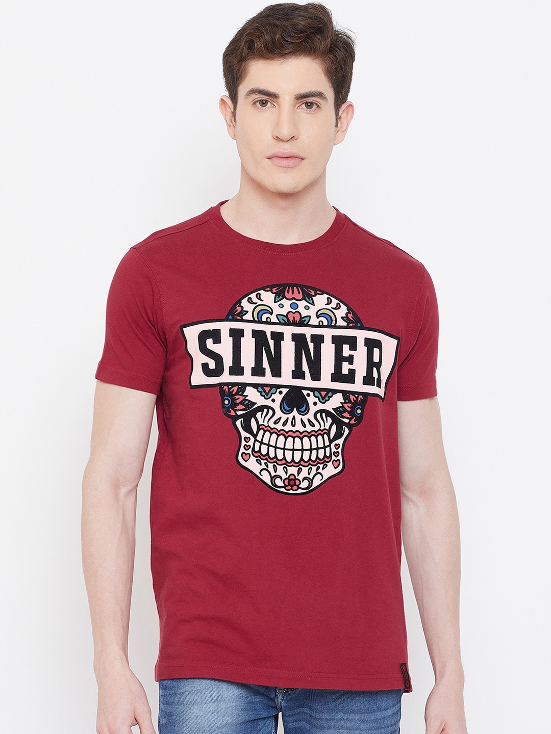 

PUNK Men Red Printed Round Neck T-shirt