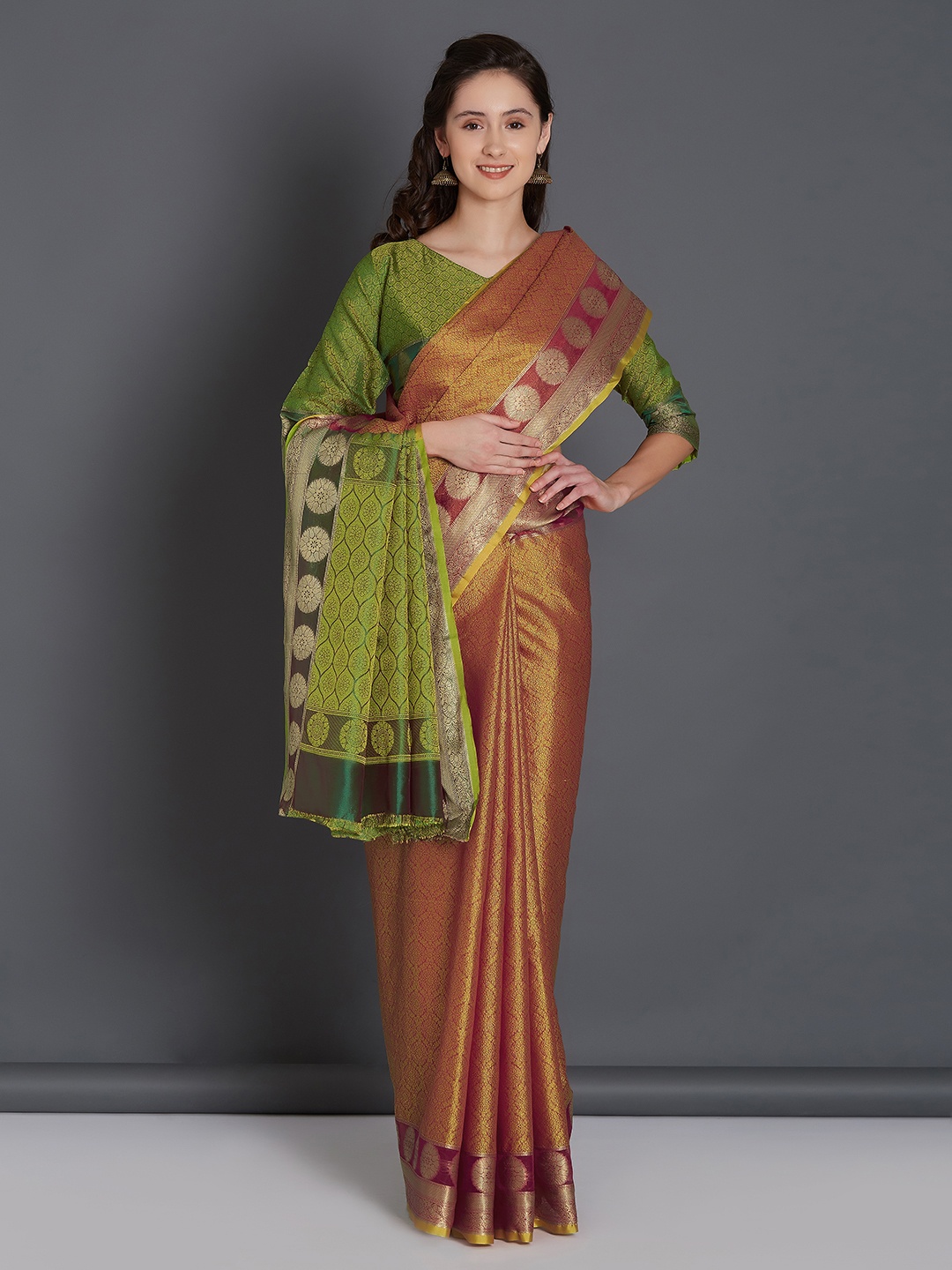 

Mitera Orange & Gold-Coloured Silk Blend Woven Design Banarasi Saree
