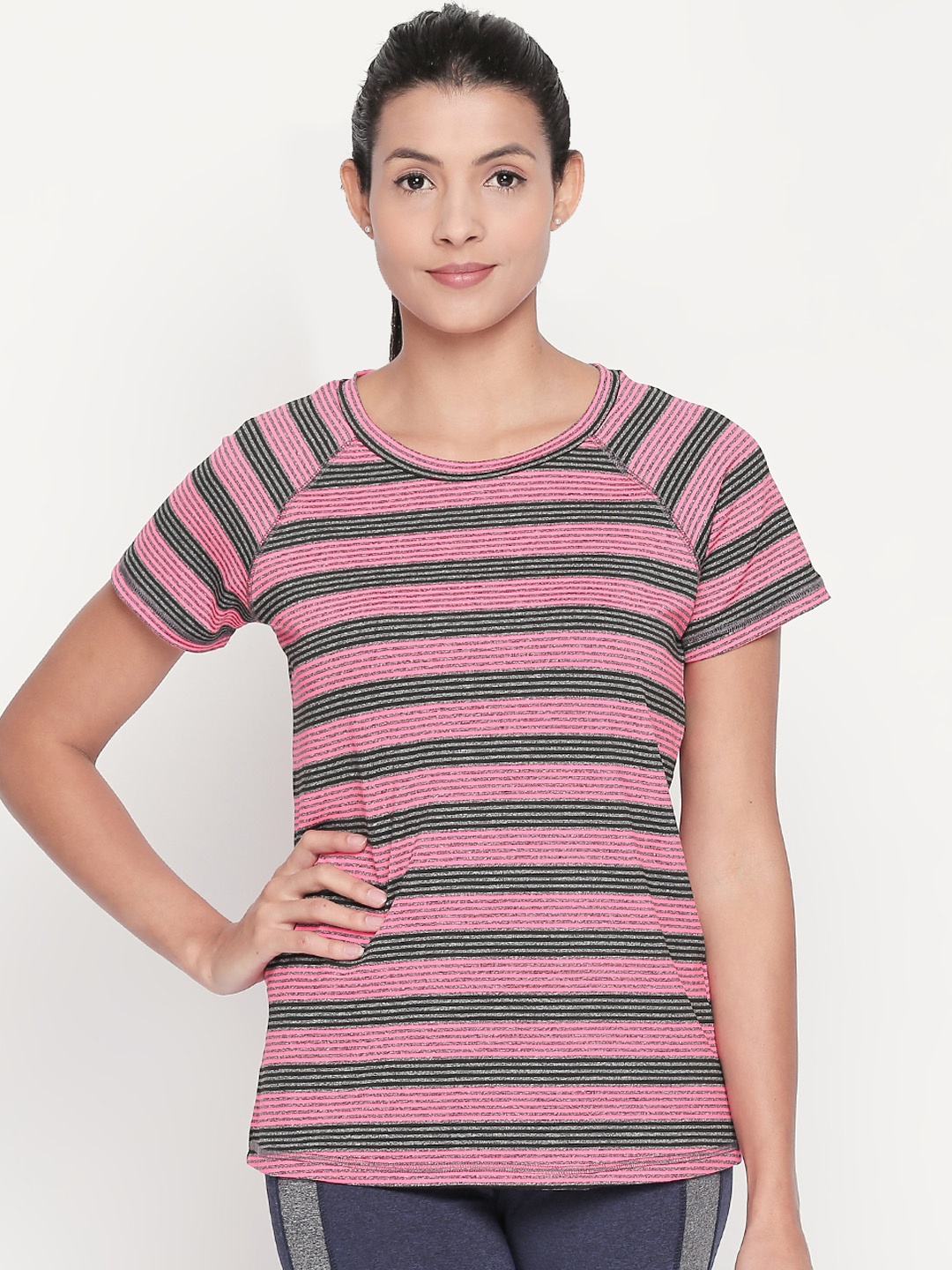 

Ajile by Pantaloons Women Pink & Black Striped Round Neck T-shirt