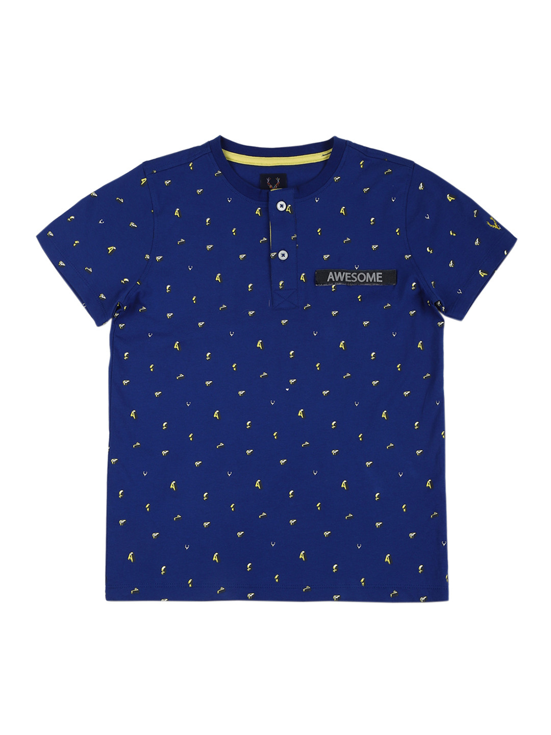 

Allen Solly Junior Boys Navy Blue Yellow Printed Round Neck Pure Cotton T-shirt