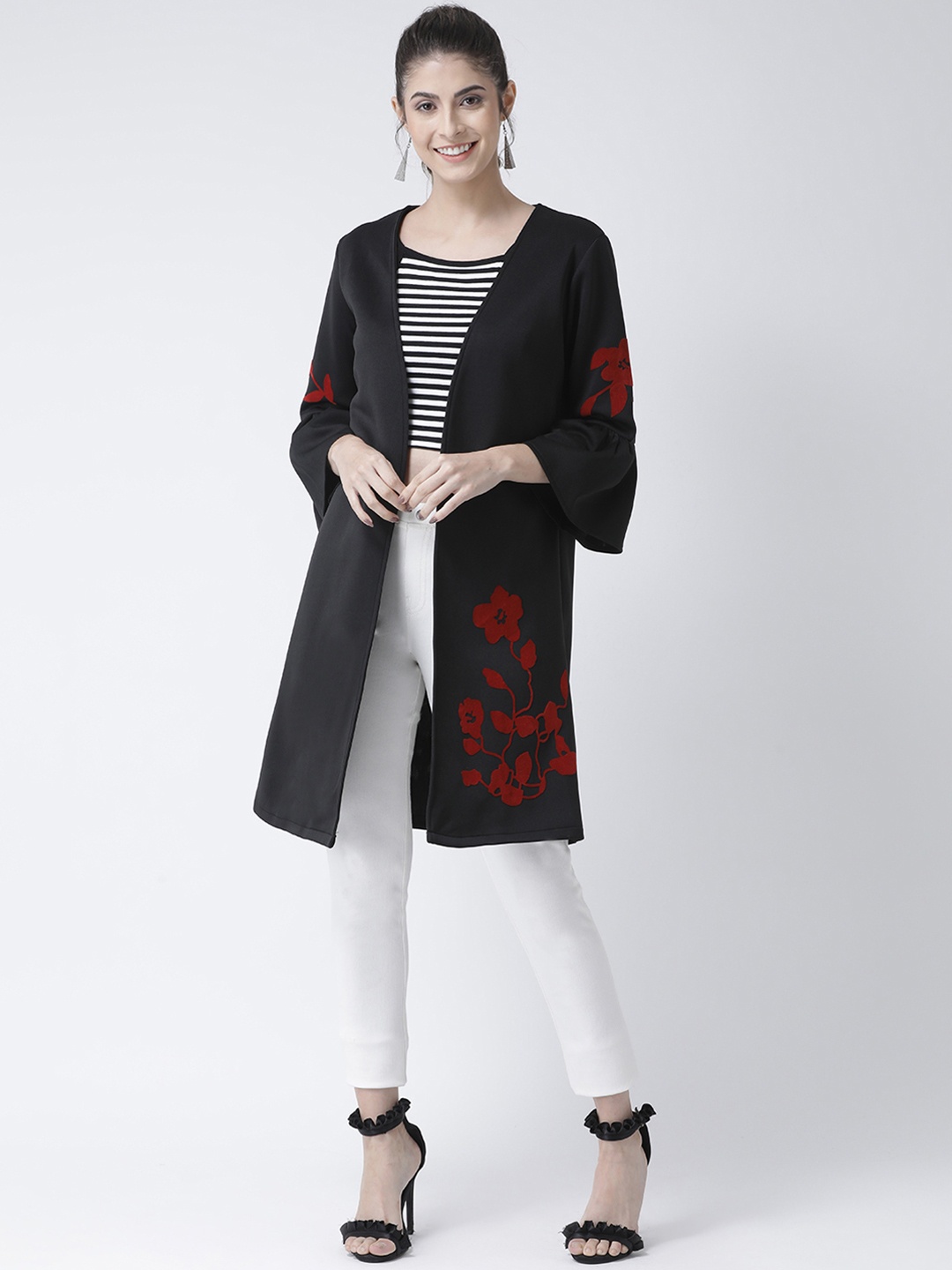 

KASSUALLY Women Black & Red Floral Printed Open Front Shrug