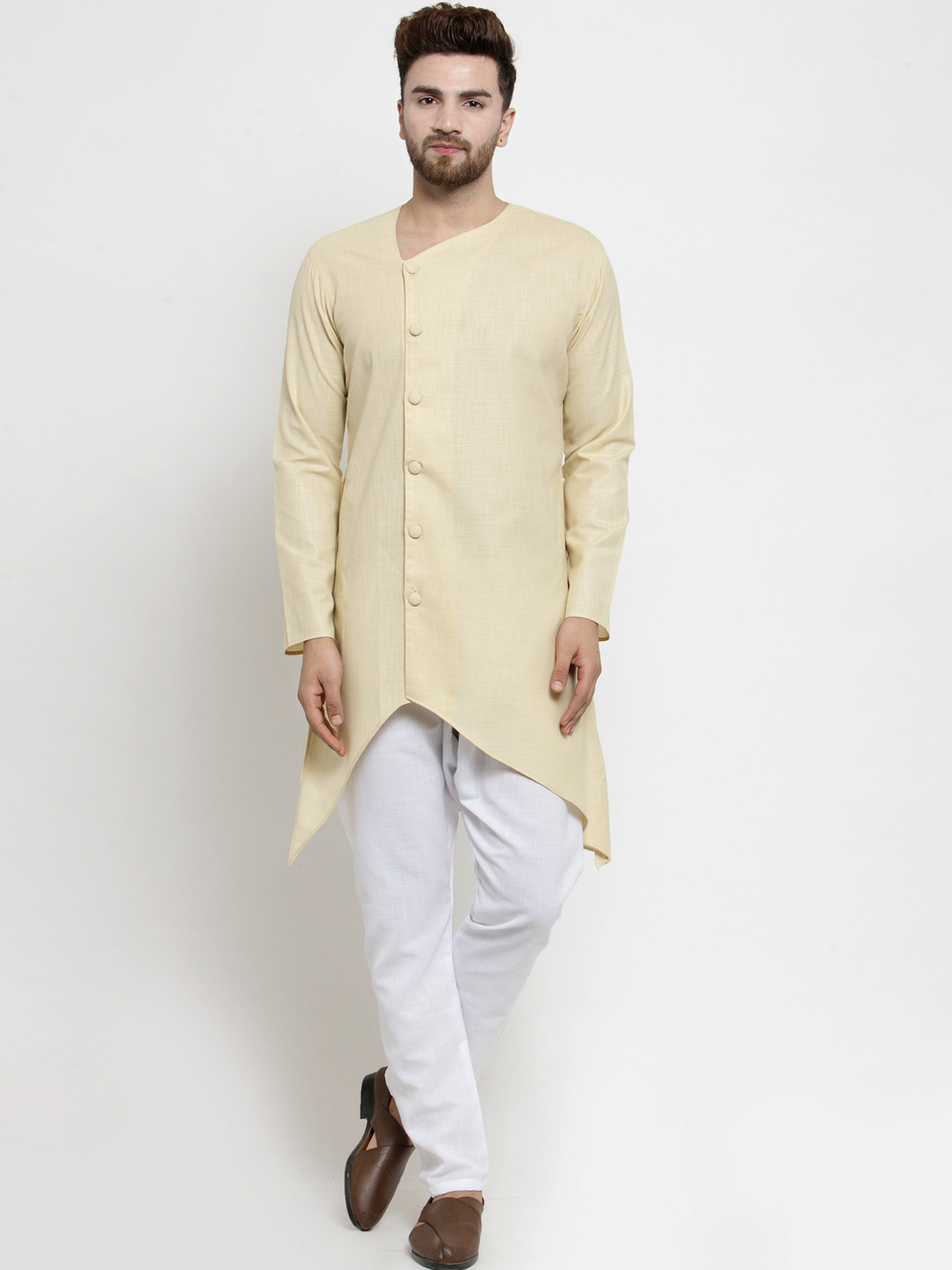 

TREEMODA Men Beige & White Solid Linen Kurta with Pyjamas