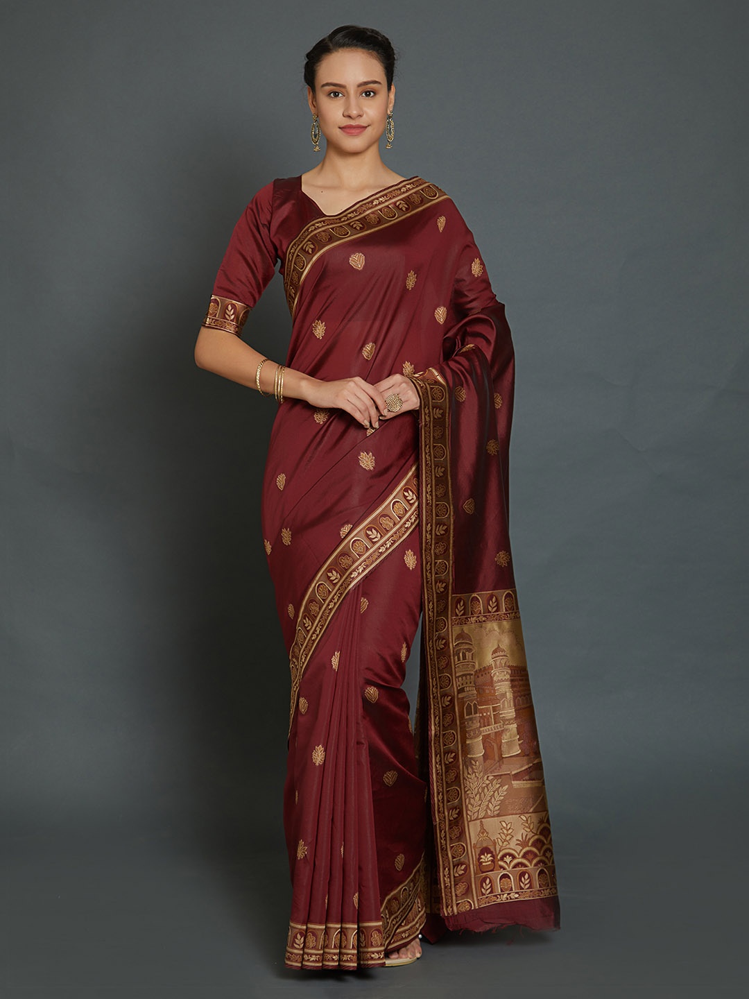 

Mitera Maroon & Gold-Coloured Silk Blend Woven Design Banarasi Saree