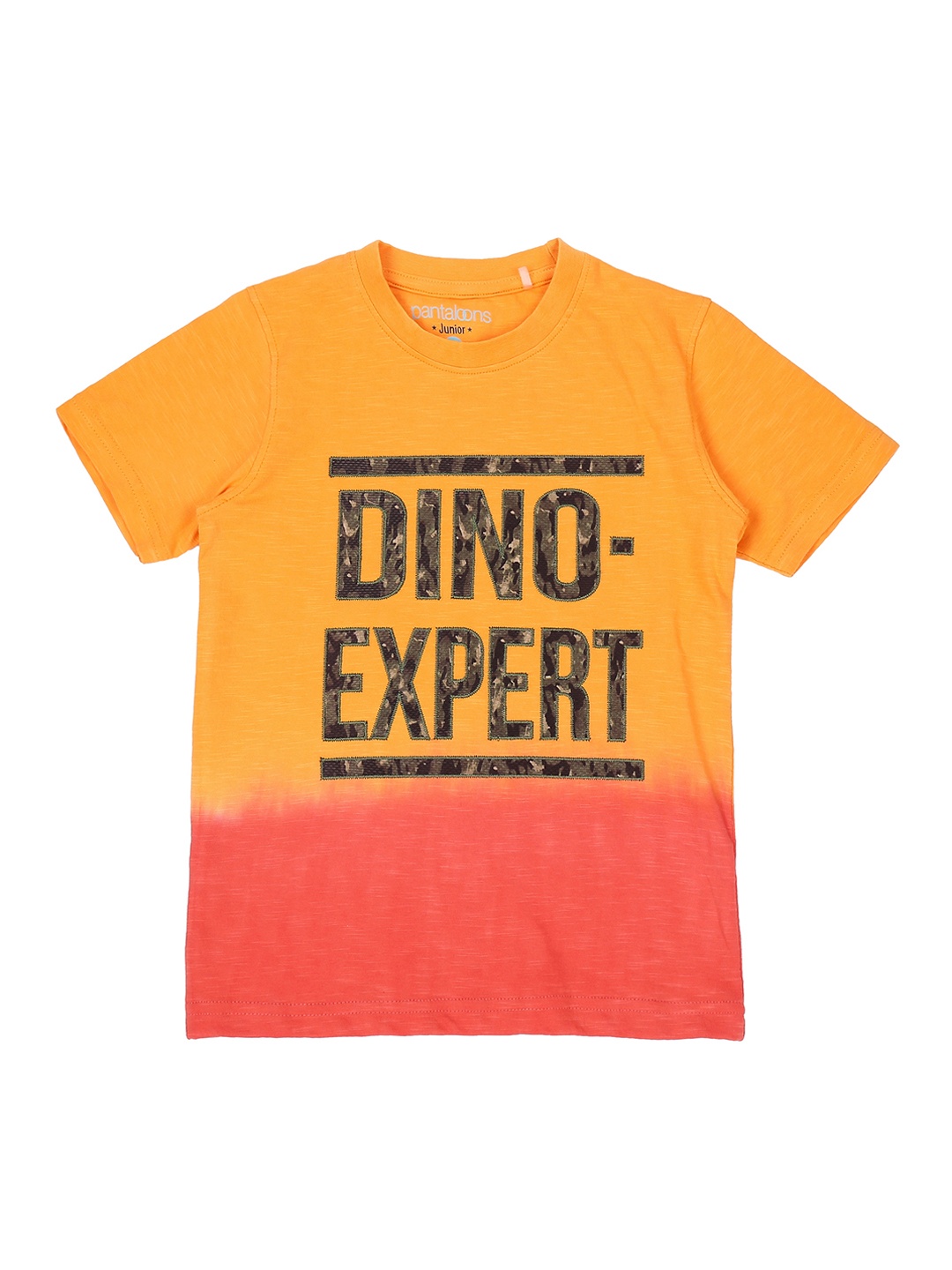 

Pantaloons Junior Boys Orange Pink Printed Round Neck Pure Cotton T-shirt