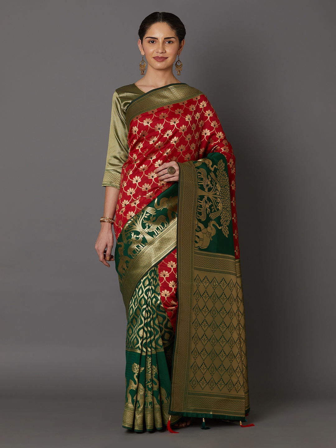 Mitera Red & Green Silk Blend Woven Design Kanjeevaram Saree