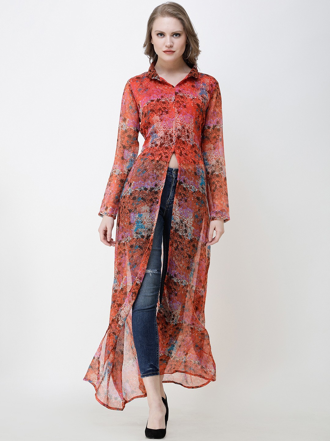 

SCORPIUS Women Orange Printed Longline Shirt Style Top