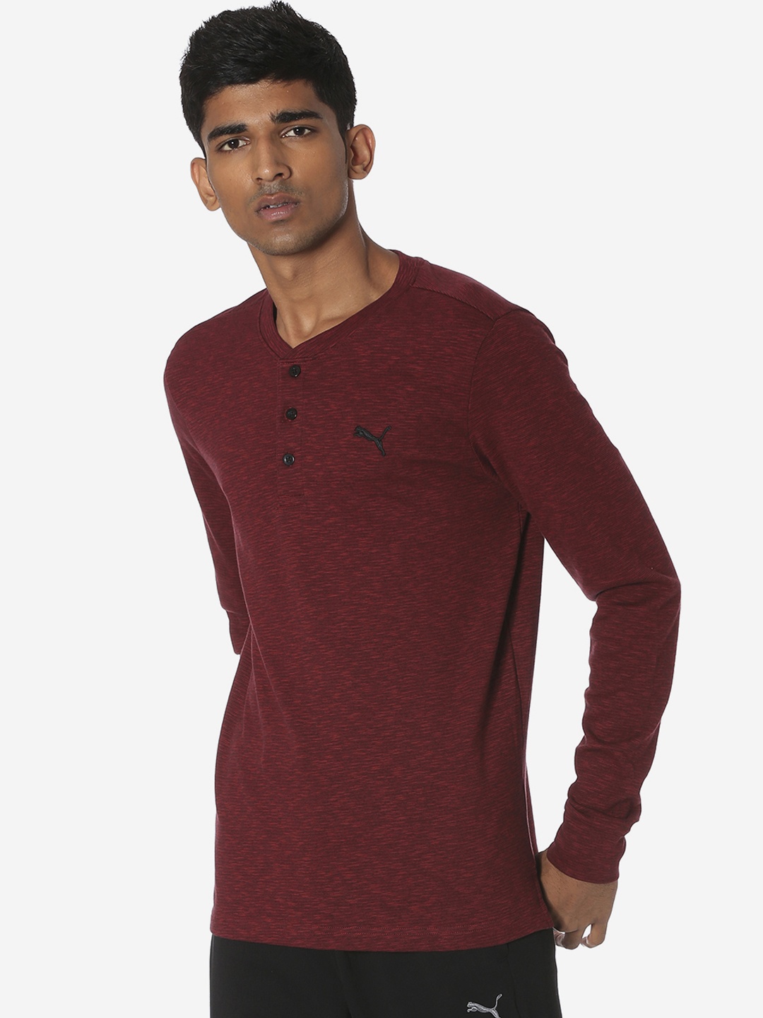

Puma Men Maroon Solid Henley Neck T-shirt