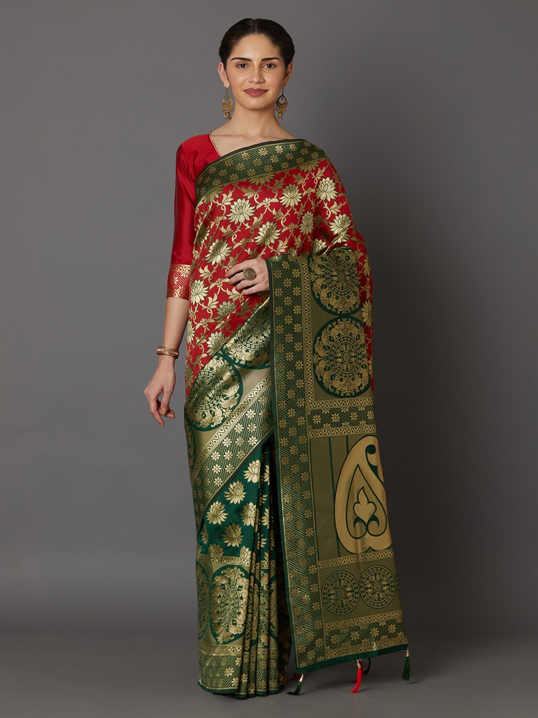 Mitera Red & Green Silk Blend Woven Design Kanjeevaram Saree