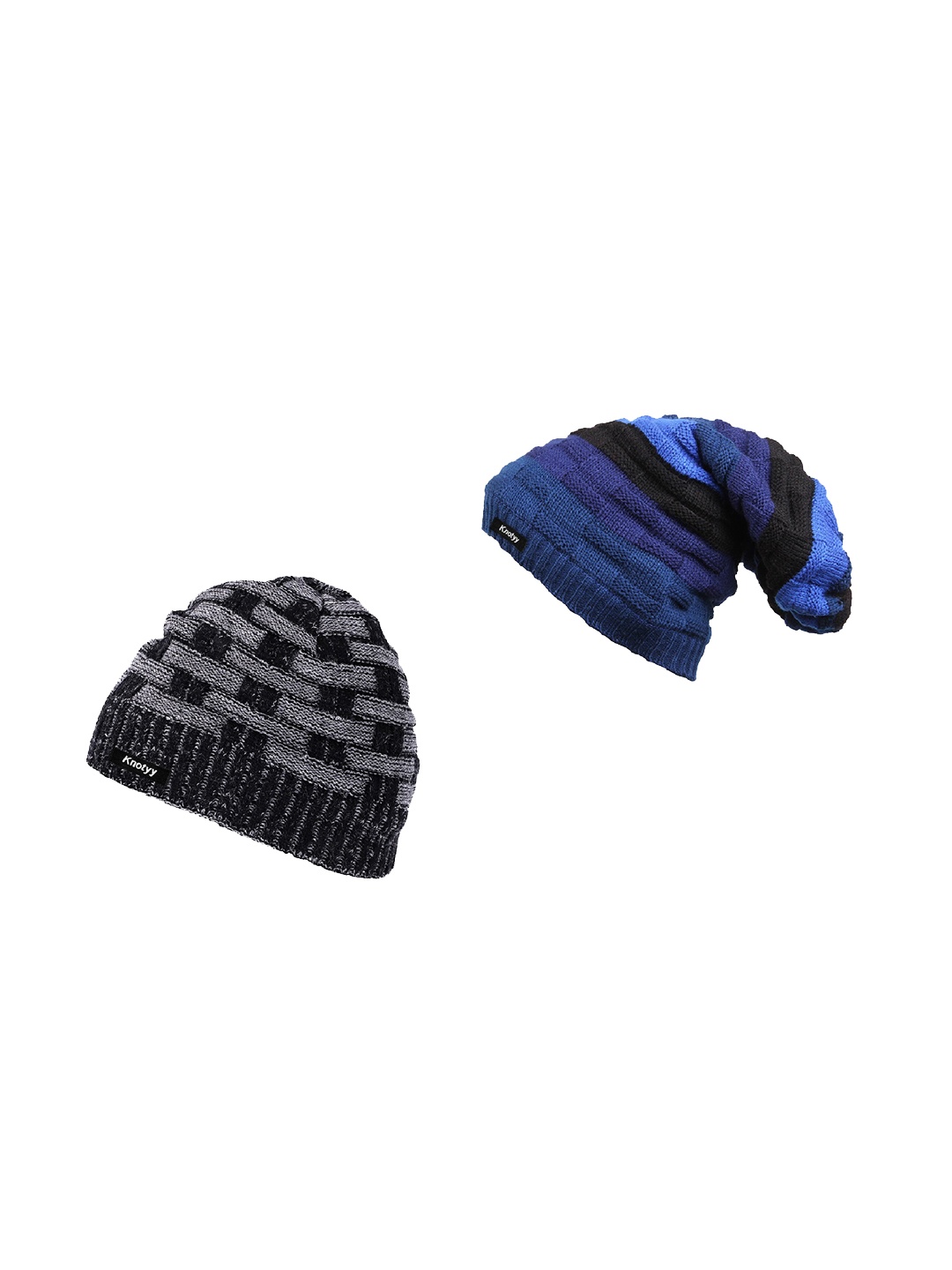 

Knotyy Men Pack of 2 Blue & Grey Solid Beanies