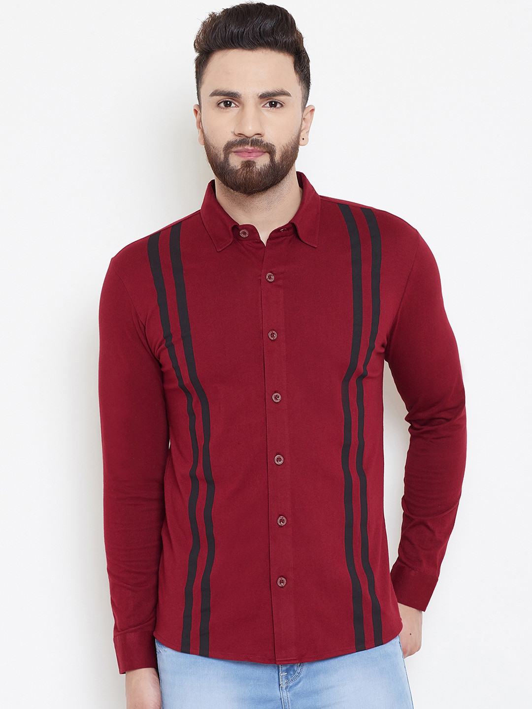 

GRITSTONES Men Maroon & Black Striped Regular Fit Casual Shirt