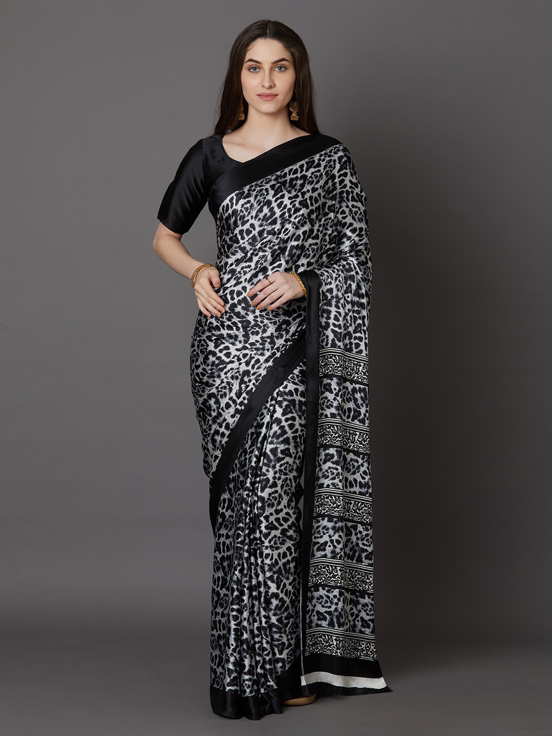 

Mitera Black Printed Poly Crepe Saree
