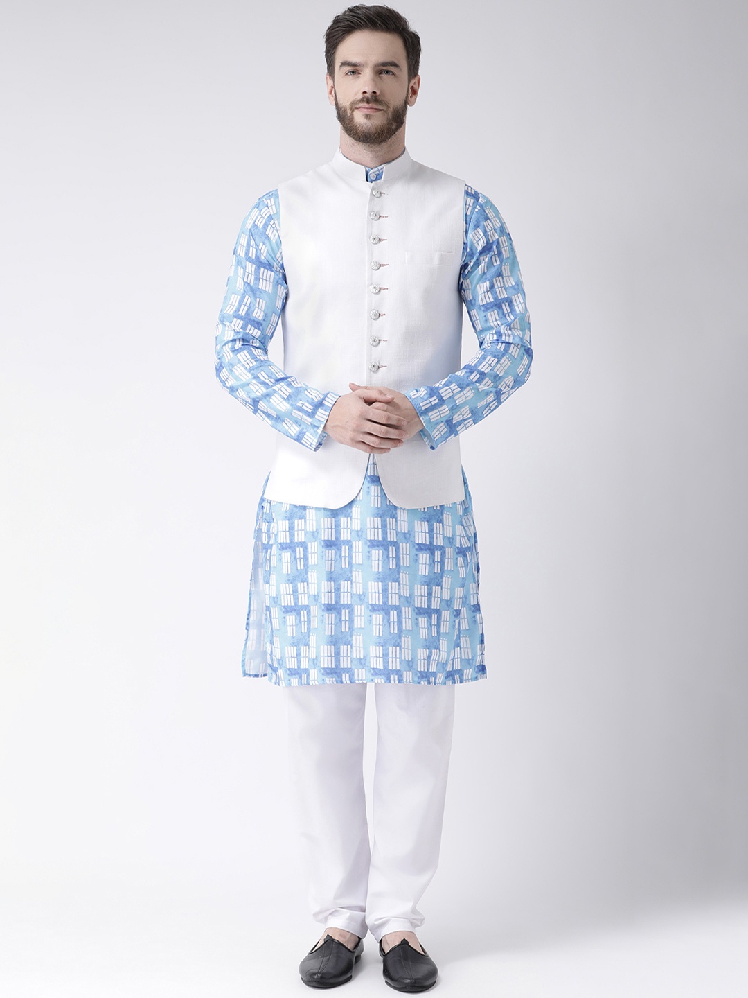 

Hangup Men Blue & White Printed Kurta with Pyjamas & Nehru Jacket