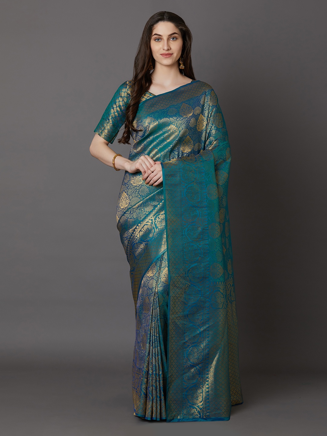 

Mitera Teal Silk Blend Woven Design Banarasi Saree
