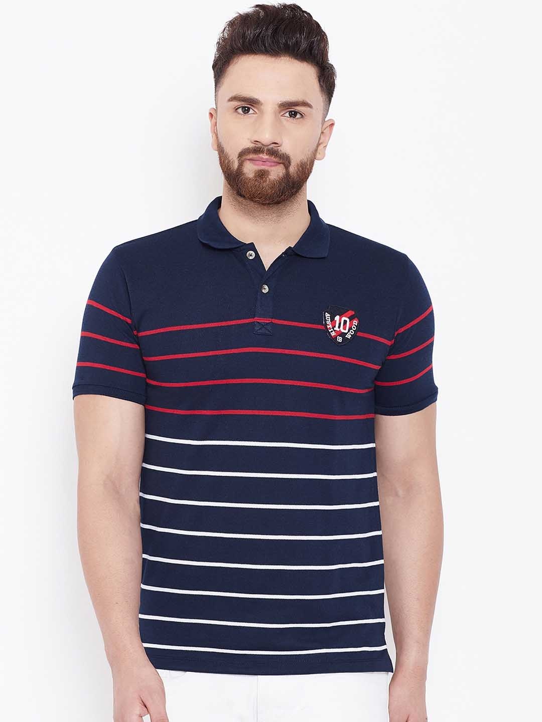 

Austin wood Men Navy Blue Striped Polo Collar T-shirt