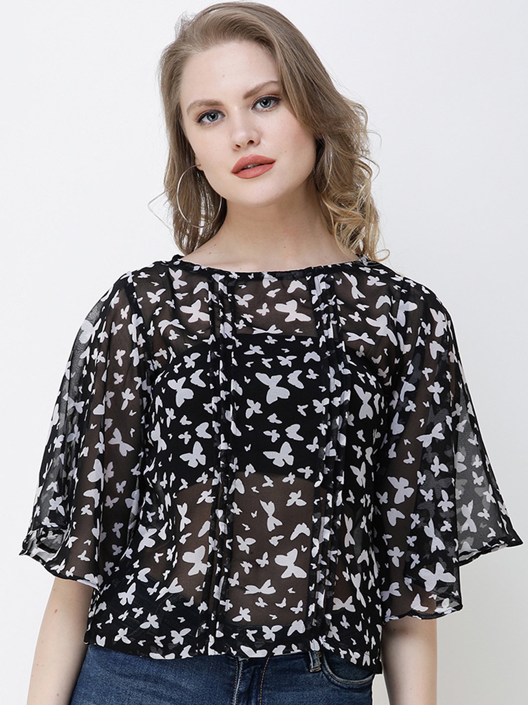 SCORPIUS Women Black & Grey Printed Top