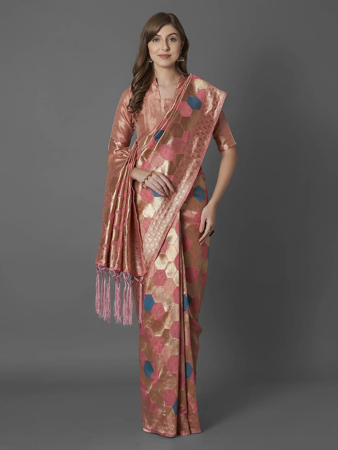 

Mitera Peach-Coloured Silk Blend Woven Design Banarasi Saree