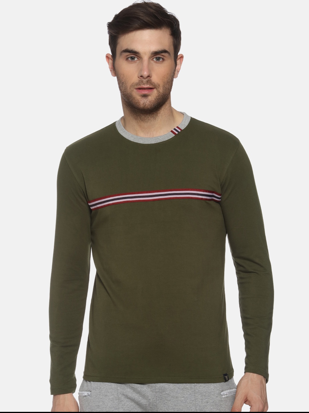 

YAK YAK Men Olive Green Slim Fit Striped Round Neck Pure Cotton T-shirt