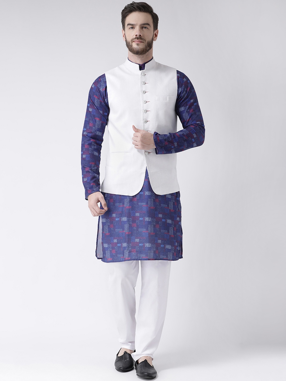 

Hangup Men Blue & Maroon Printed Kurta with Pyjamas & Nehru Jacket